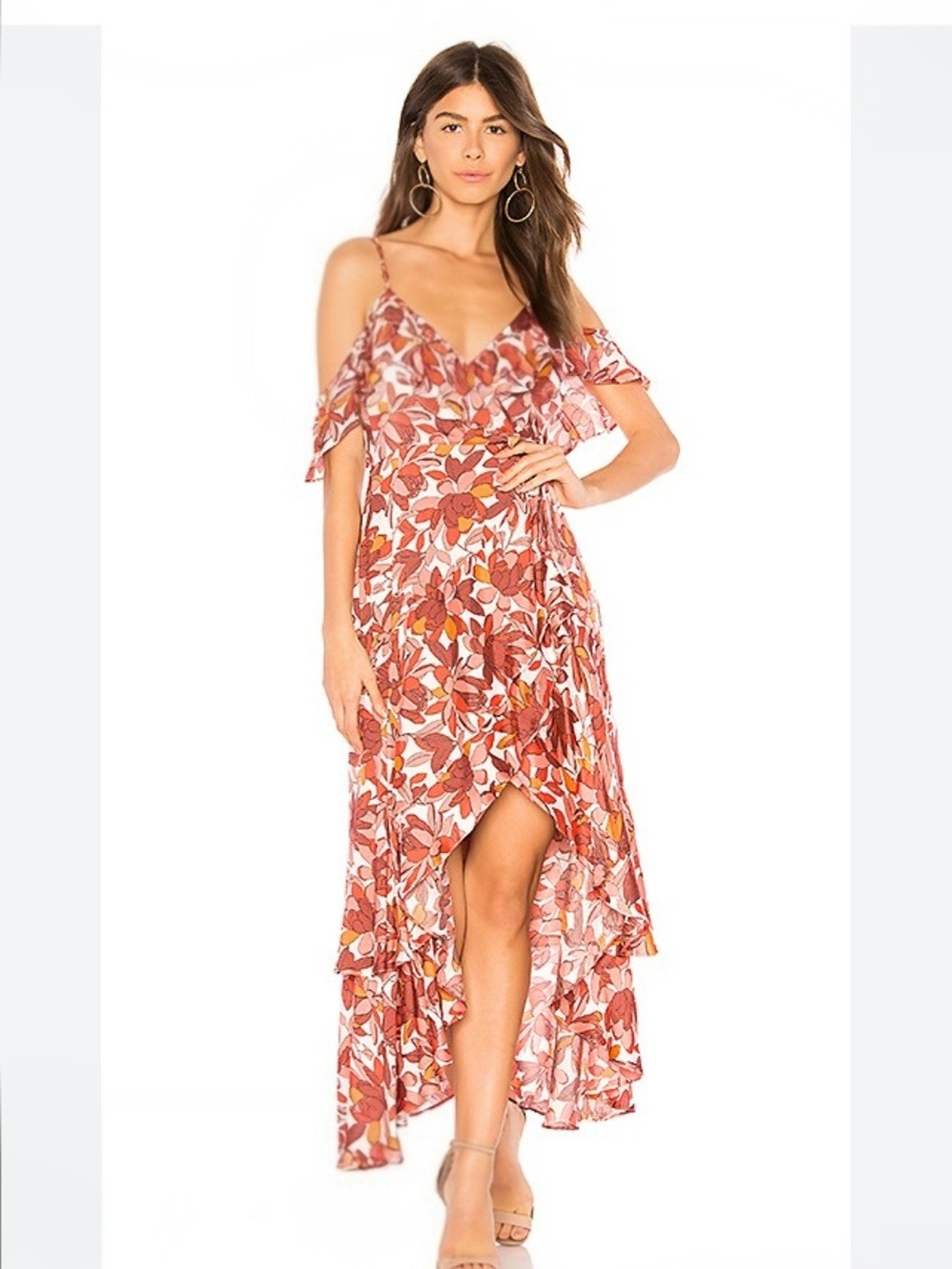 BARDOT Franky Frill Floral Cold-Shoulder High-Low Dress in Rust Pink